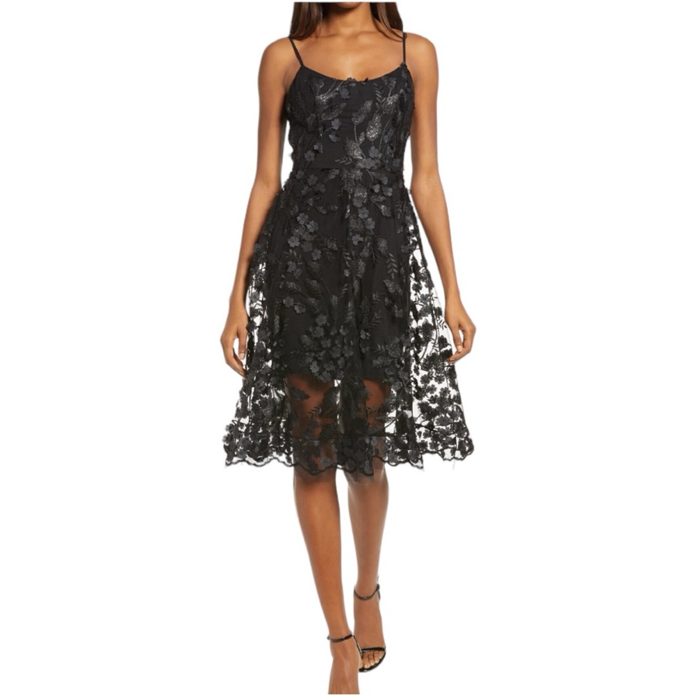 NWT Dress the Population 3D Uma Black Floral Embroidered Tulle Dress Size Large